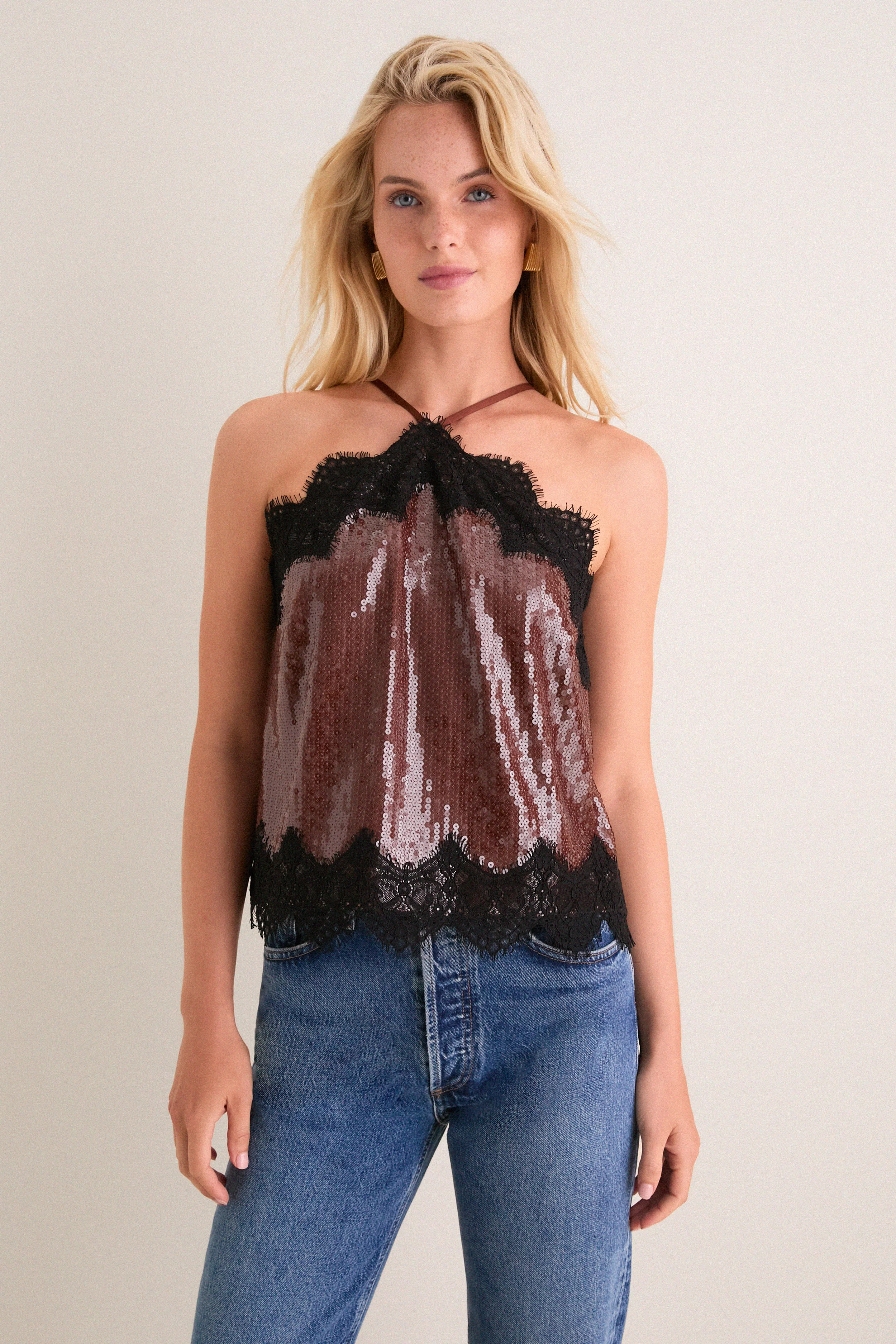 Brown Sequin & Black Lace Bradshaw Halter Tank | Tuckernuck (US)