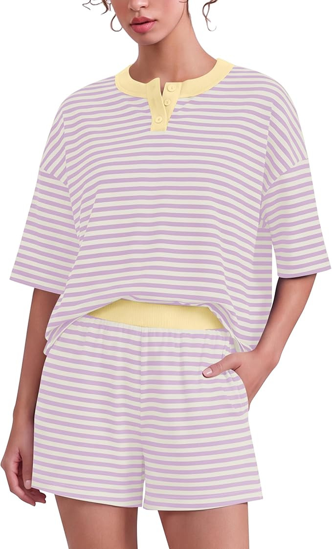Striped Henley TShirts 2 Piece Short Sets for Women Cropped Boxy Short Sleeve Tee Wide Leg Shorts... | Amazon (US)