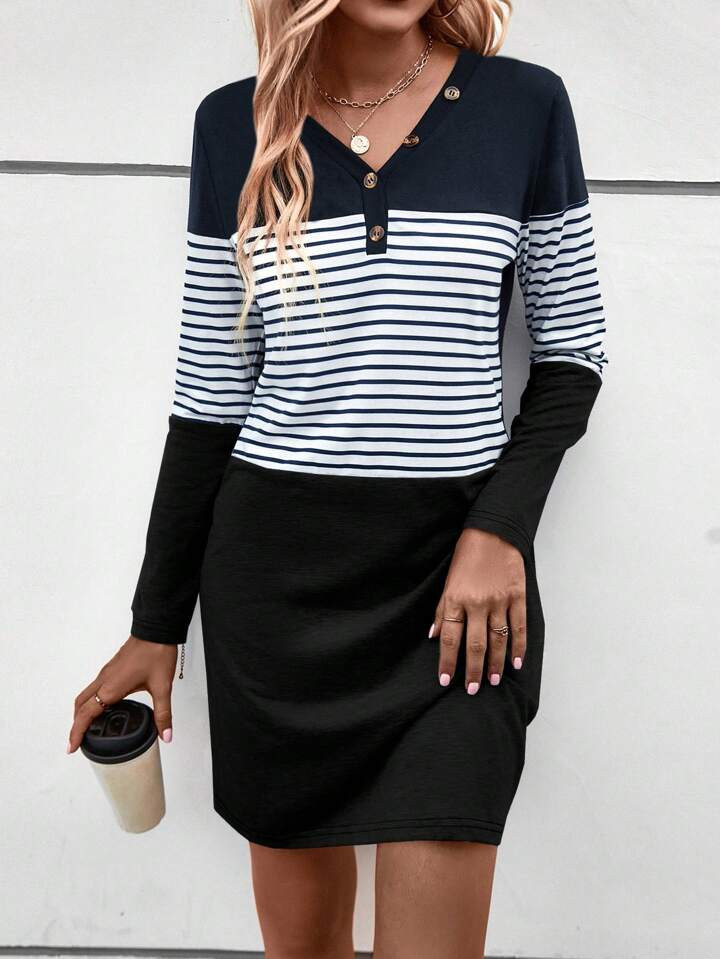 SHEIN LUNE Striped Patchwork Button Detail Dress | SHEIN