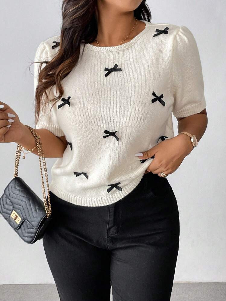 SHEIN Frenchy Plus Size Casual Sweet Simple Ribbed Knit 3D Bow Round Neck Sweater | SHEIN