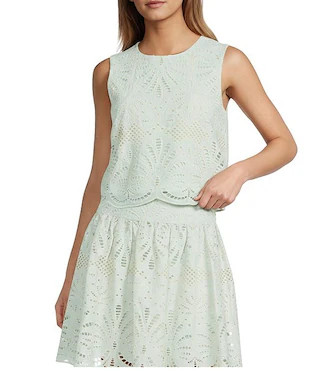 Sally Coordinating Laser Cut Embroidery Crew Neck Sleeveless Blouse | Dillard's