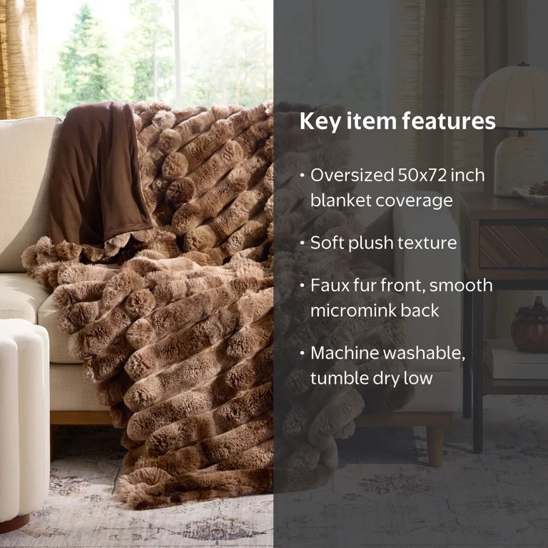 Better Homes & Gardens Brown Marbled Exaggerated Channel Faux Fur Oversized Throw, 50 in x 72 in | Walmart (US)