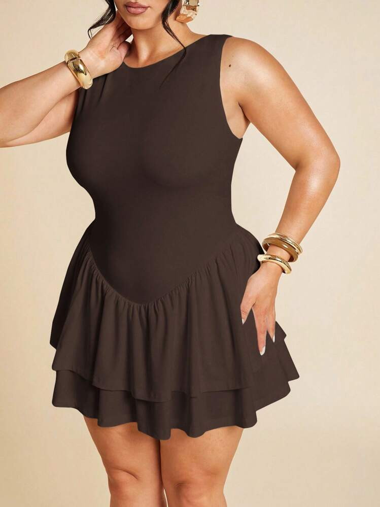SHEIN BAE Plus Size Women's Spring And Fall Base Solid White Sleeveless Tight Pleated Slim Elegant Mini Double Layer Ruffle Women's Jumpsuit Women's Dress, Valentine's Day Jumpsuit, Daily Jumpsuit, Elegant Jumpsuit/ Plus Size Brown Dress/ Plus Size Cocktail Dress/ Plus Size Tiered Ruffle Dress,Wedding Guest Dress Women | SHEIN