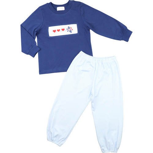 Navy Smocked Airplane And Hearts Pant Set - Shipping Late January | Cecil and Lou