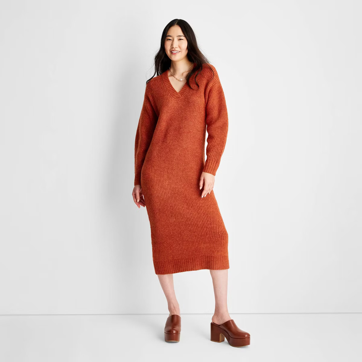 Women's Long Sleeve Chunky Sweater Midi Dress - Future Collective™ with Reese Blutstein Rust | Target