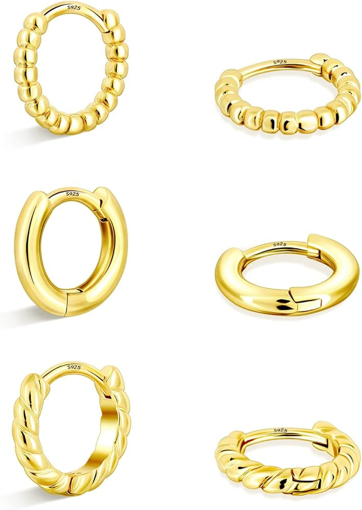 Gold Hoop Earrings Sets Women: 3 Pairs Sterling Silver Small Huggie Cartilage Hoops Hypoallergeni... | Amazon (US)