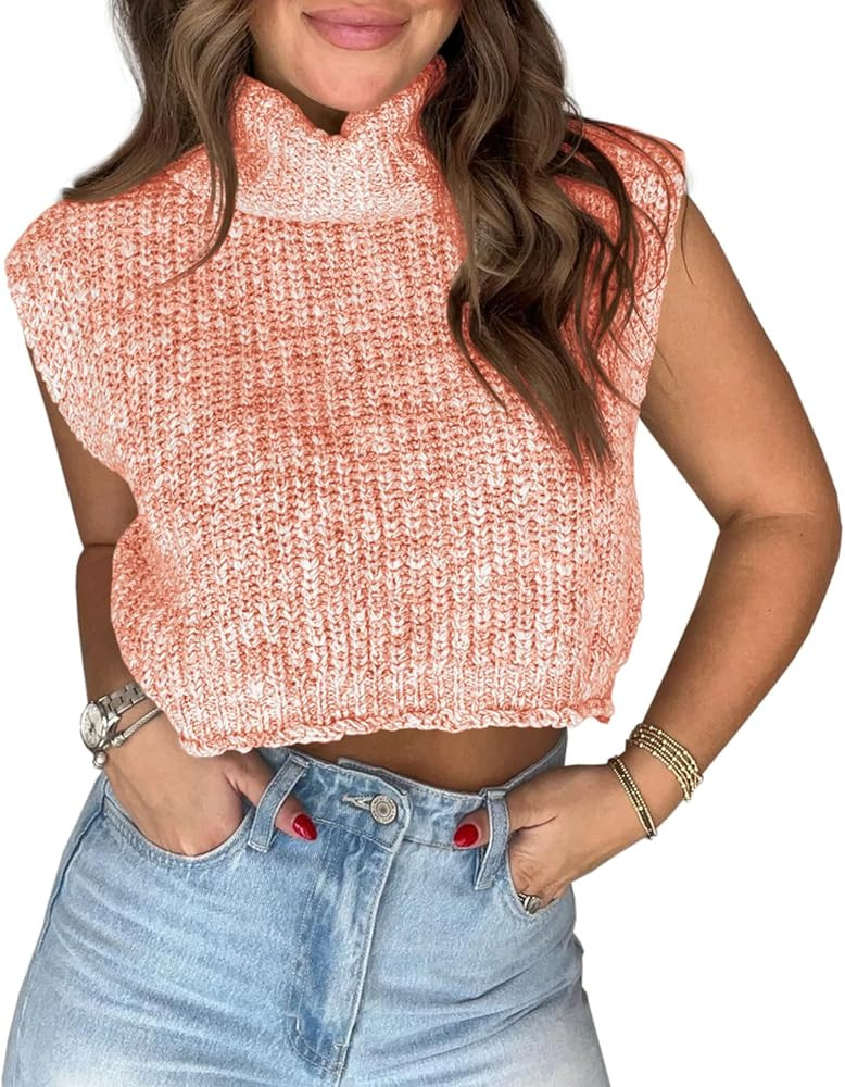 Saodimallsu Womens Sleeveless Cropped Sweater Vest Summer Trendy Crop Knit Turtleneck Pullover Ta... | Amazon (US)