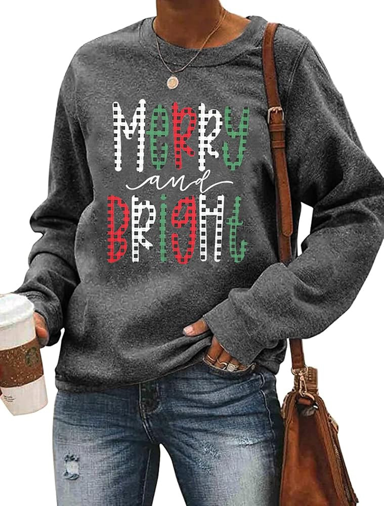 Christmas Sweatshirts for Women Merry Bright Graphic Print Long Sleeve Shirts Christmas Crewneck ... | Amazon (US)