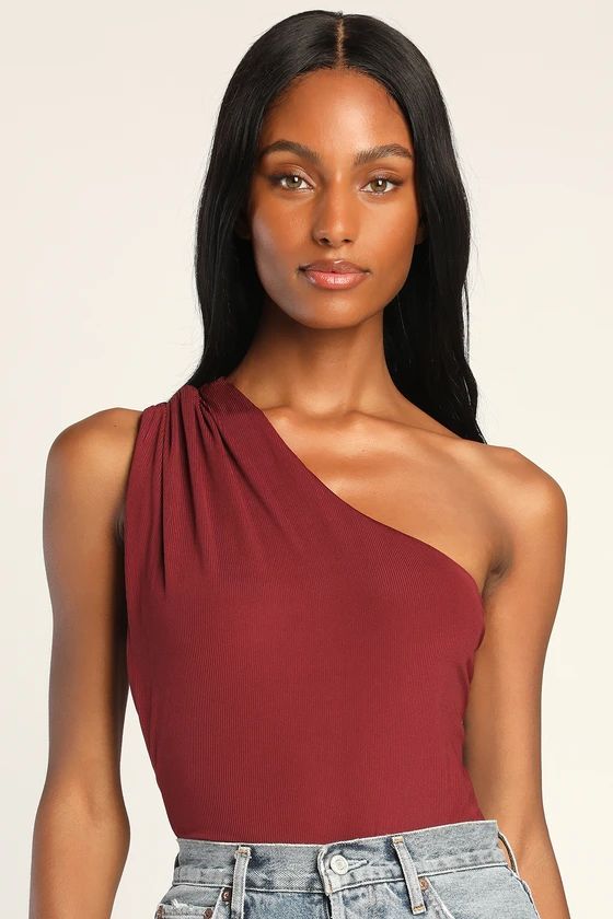 Confidence and Charm Wine Red Ribbed Knit One-Shoulder Bodysuit | Lulus (US)