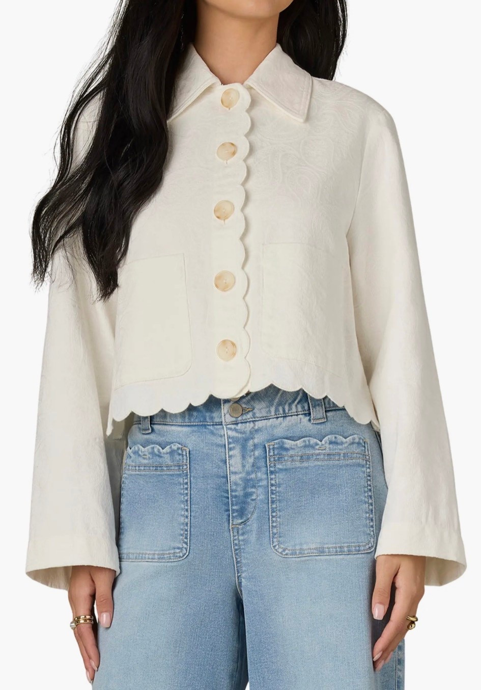 Scallop jacket
White top
Scallop top
Front pocket jeans 


#LTKSeasonal