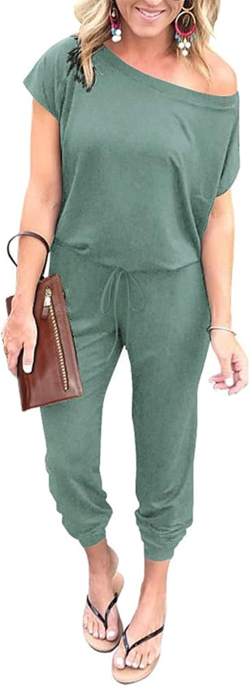 PRETTYGARDEN Women's Loose Solid Off Shoulder Elastic Waist Stretchy Long Romper Jumpsuit | Amazon (US)