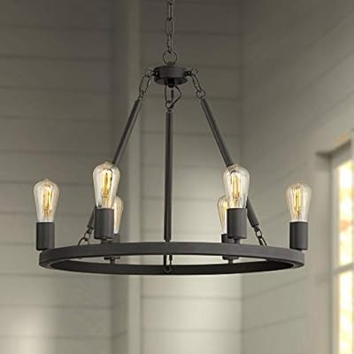 Daniel Matte Black Wagon Wheel Chandelier 24 1/2" Wide Industrial Rustic Farmhouse 6-Light Fixtur... | Amazon (US)