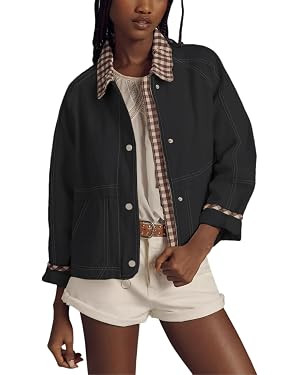 Aimiray Bomber Jacket Women Lapel Collar Plaid Cropped Jacket Trendy Fall Barn Coats with Pocket | Amazon (US)
