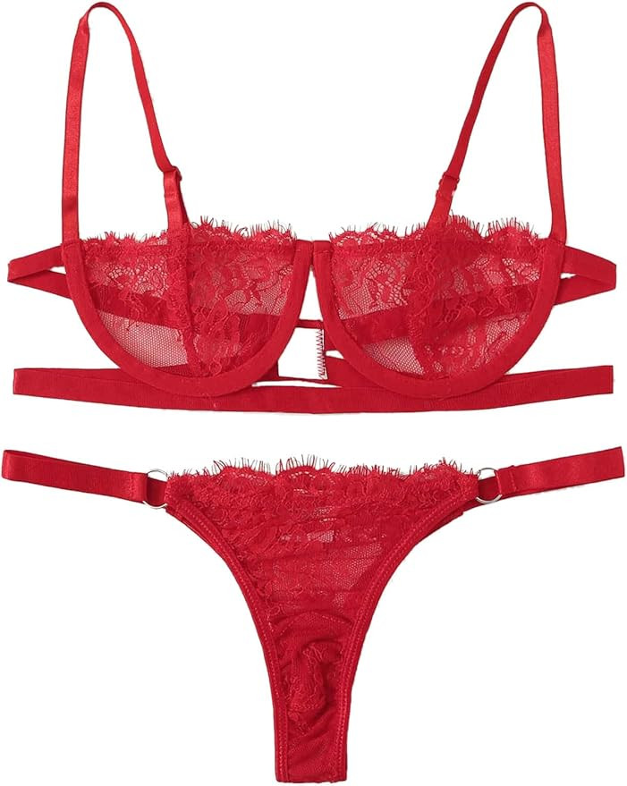 SheIn Women's 2 Piece Sexy Lace Strap Bralette Bra and Panty Lingerie Set Push Up | Amazon (US)