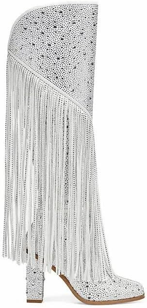 Ouepiano Women's Fringe Rhinestone Cowboy Boots Western Cowgirl Pointed Toe Block High Heel Zippe... | Amazon (CA)