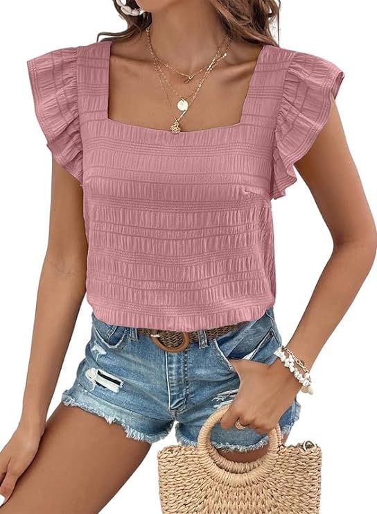 SHEWIN Women's Casual Summer Square Neck Tank Tops Sleeveless Ruffle Chiffon Blouses Top Shirts | Amazon (US)