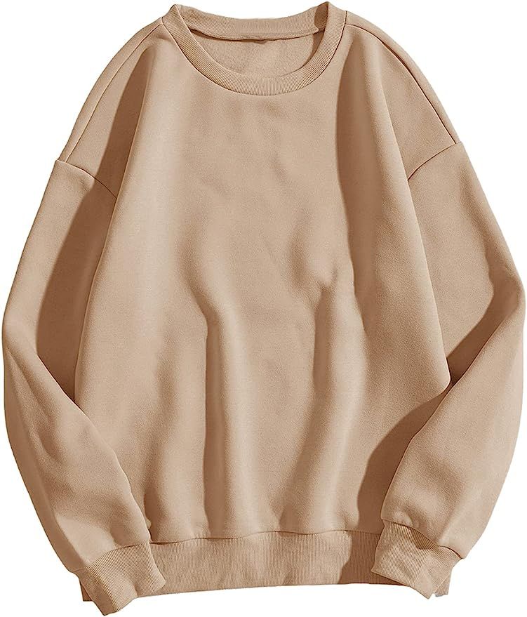 Verdusa Women's Basic Round Neck Drop Shoulder Pullover Tee Top Sweatshirt Beige M at Amazon Wome... | Amazon (US)