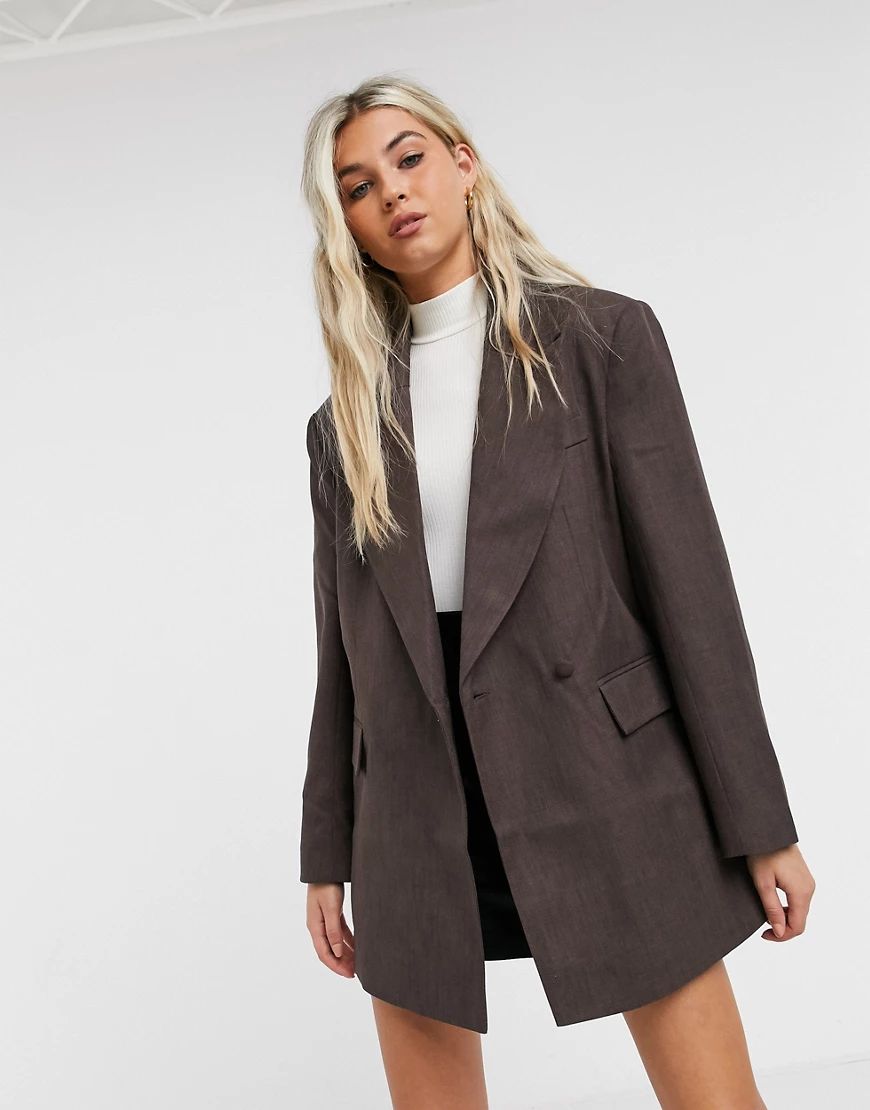 ASOS DESIGN asymmetric detail oversized dad blazer in brown | ASOS (Global)