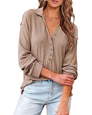 BTFBM Women Casual Button Down V Neck Blouses Long Sleeve Solid Color Stand Collar Knitted Fall T... | Amazon (US)