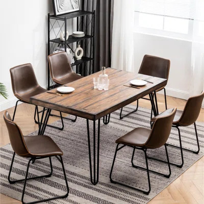 Industrial 7 Dining - Rectangular Table With 6 Chairs, Metal Legs For Reliability, Tabletop Wood Grain Ornament, Faux Leather Chair Padding & Support, | Wayfair North America