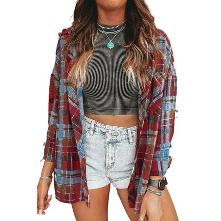 Comfortable and Versatile Red Plaid Long Sleeve Shirt for Women | [ZhiHiMeRi] | (US 8-10)M | Walmart (US)