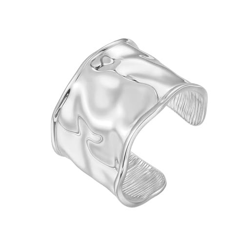 BARXION Silver Chunky Cuff Bangle Bracelets for Women - Sterling Silver Plated Hammered Wide Open Thick Wrist Cuff Bracelet, Irregular Trendy Modern Statement Jewelry Accessories | Amazon (US)
