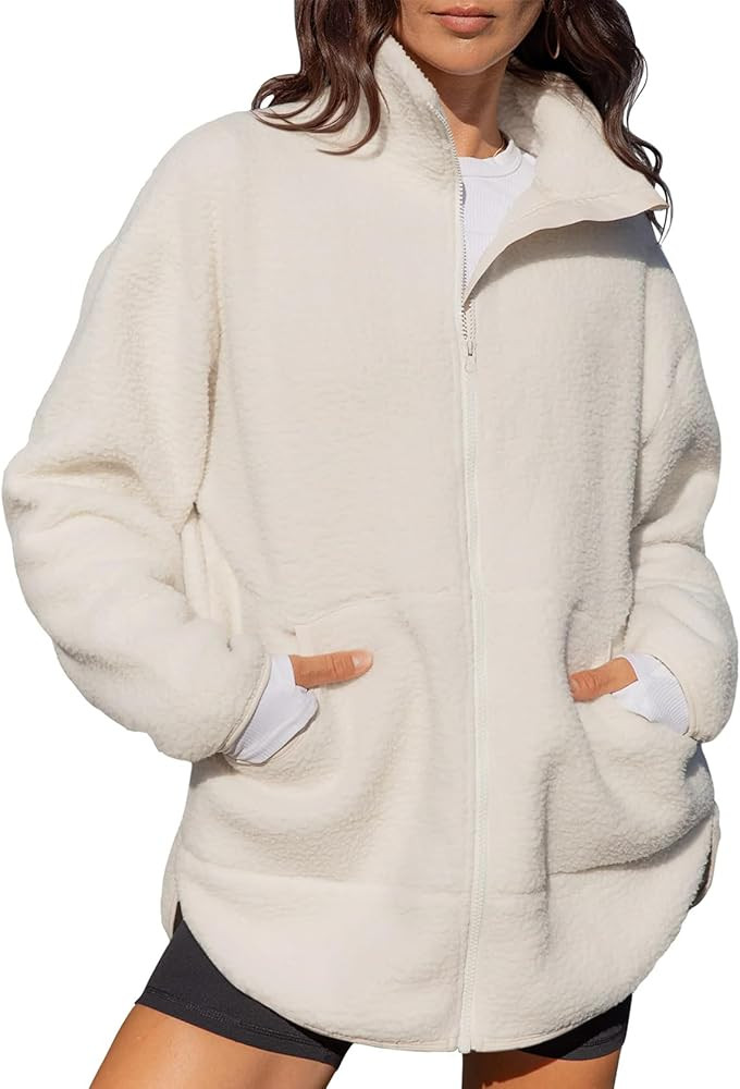 LASLULU Womens Full Zip Fleece Long Jacket Sherpa Oversized Sweatshirts Stand Collar Winter Coat ... | Amazon (US)