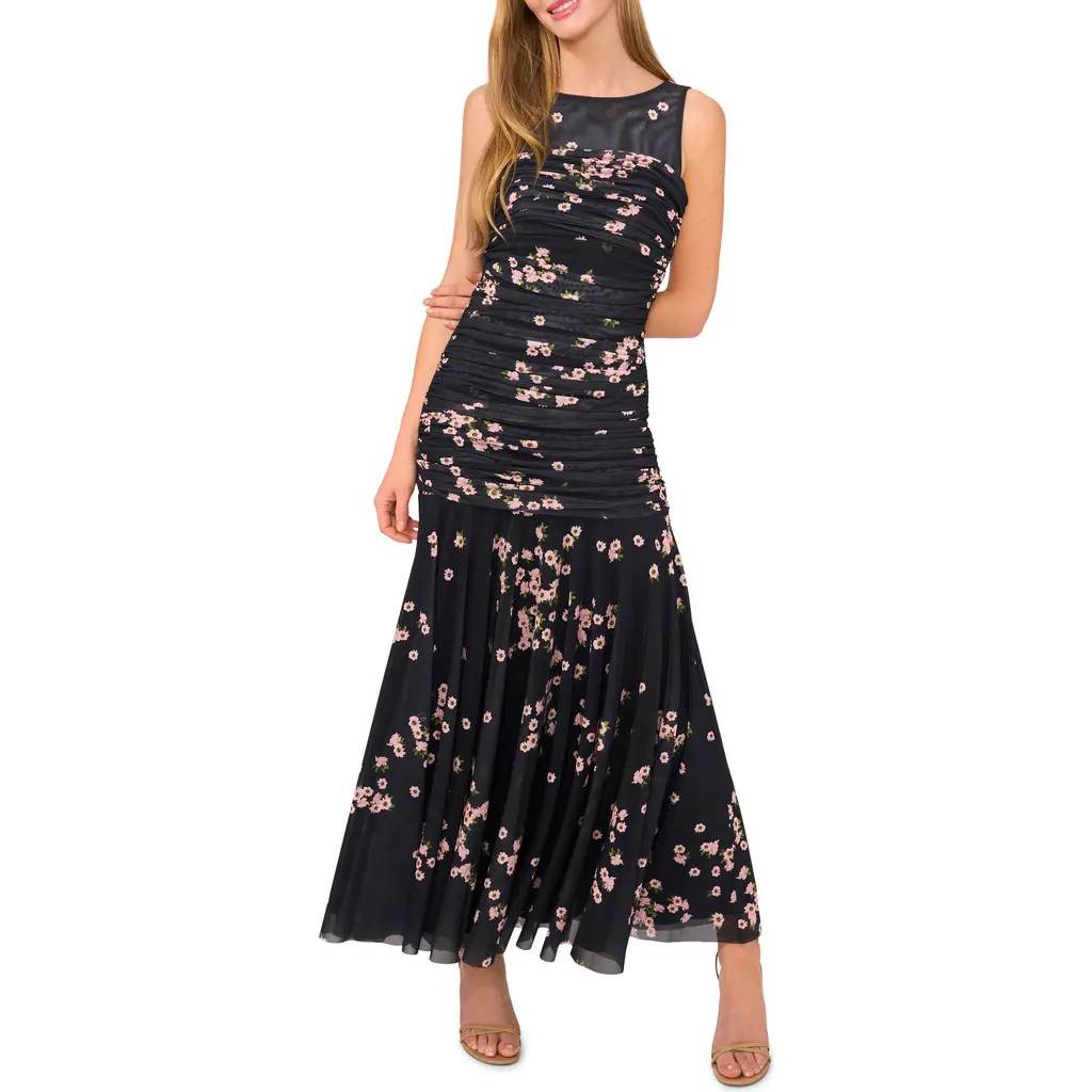 Ted Baker Ruched Sleeveless Mesh Maxi Dress in Rich Black at Nordstrom Rack, Size X-Large | Nordstrom Rack