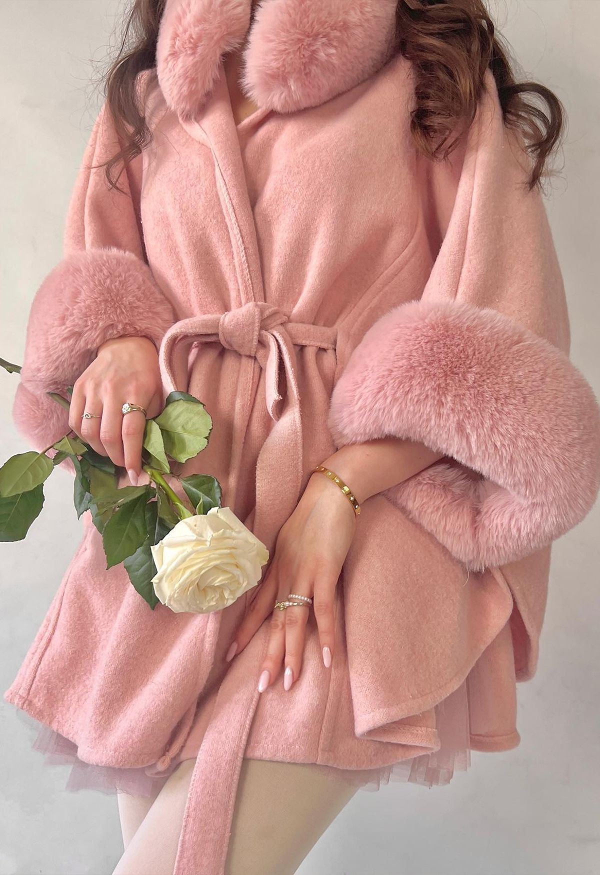 Self-Tie Bowknot Faux Fur Poncho in Pink | Chicwish