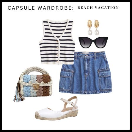 Striped bmvest top, cargo denim skirt, beach vacation outfit, white espadrilles 

#LTKfindsunder50 #LTKstyletip #LTKtravel