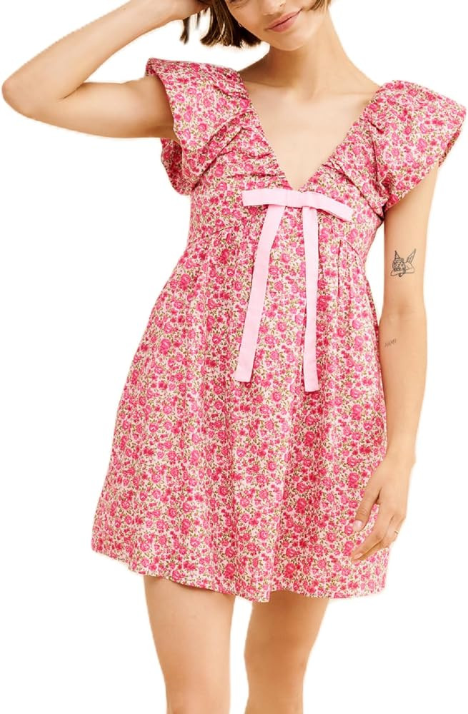 Women V Neck Babydoll Mini Dress Ruffle Boho Floral Flowy Sundress Bow Loose Summer Holiday Going... | Amazon (US)