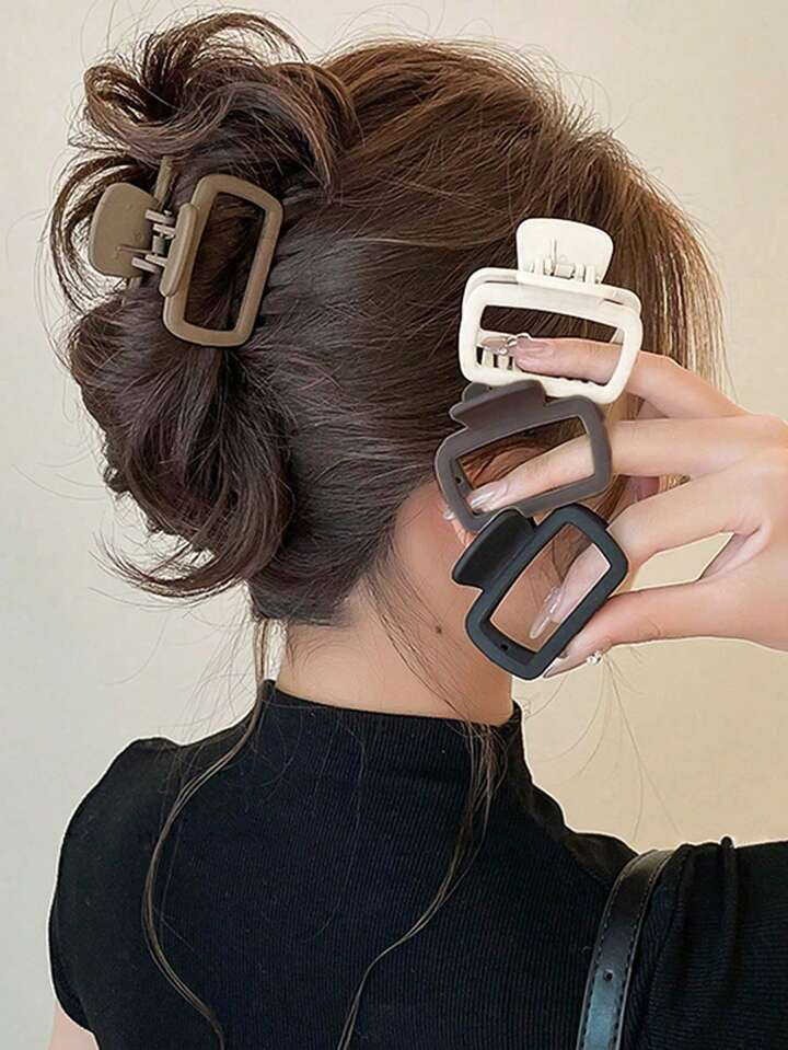 4pcs Women's Square 5cm/1.97in Medium Size Black White Khaki Brown Lightweight Plastic Hair Claw ... | SHEIN