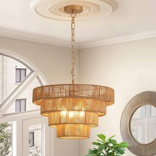 GoYeel 6-Light Yellow Bohemian Drum Hanging Pendant Light with 4-Tier Woven Shade PL7706YL - The ... | The Home Depot