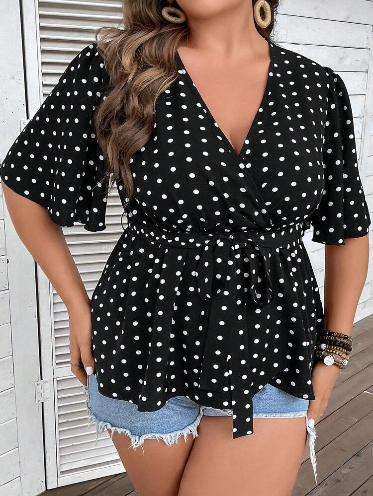 Plus Polka Dot Print Butterfly Sleeve Belted Blouse | SHEIN