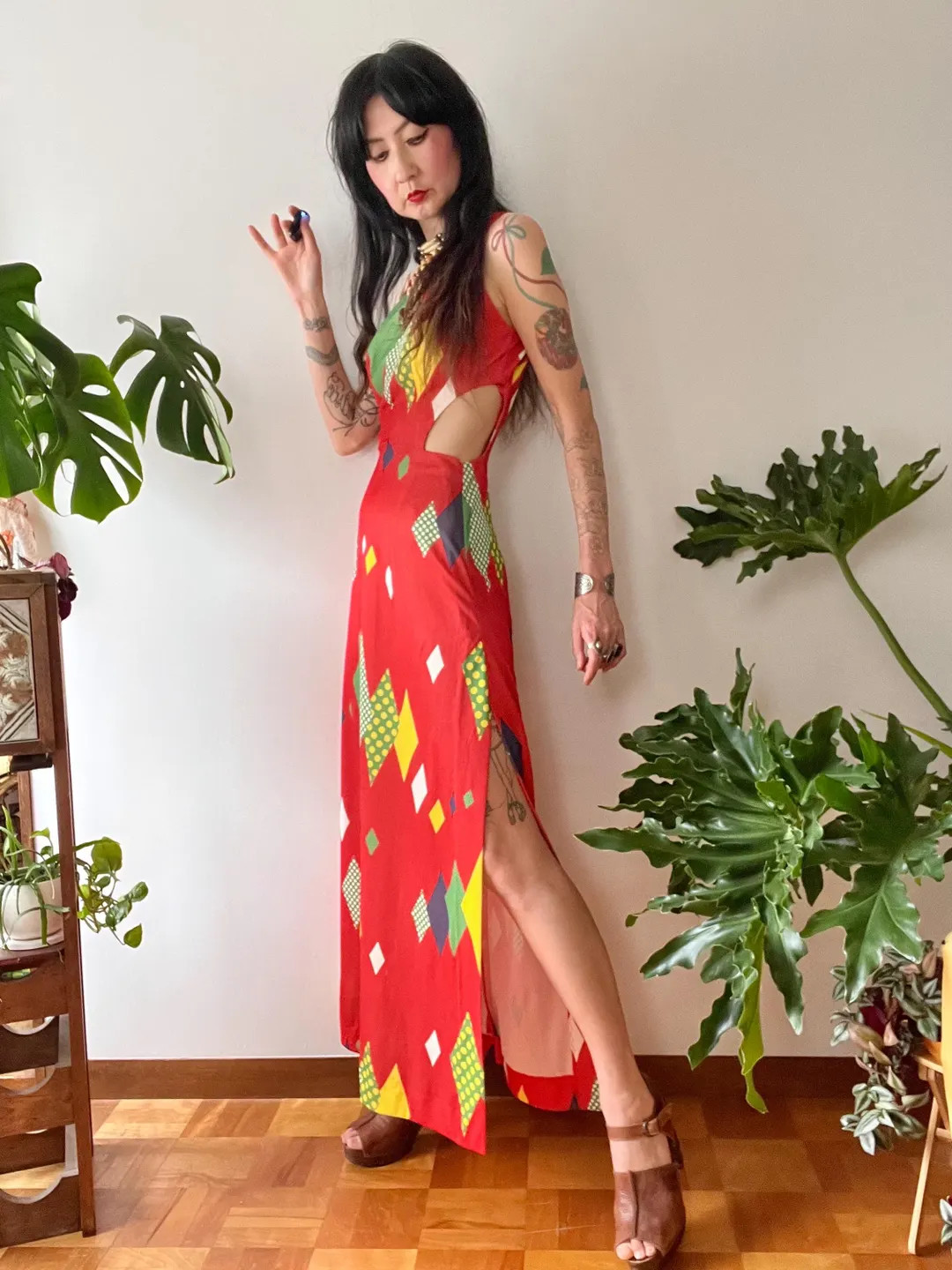 1960s MOD Cutout Maxi Dress | Red Harlequin Geometric Print Op Art Youthquake | XS-M | Deep Side ... | Etsy (US)