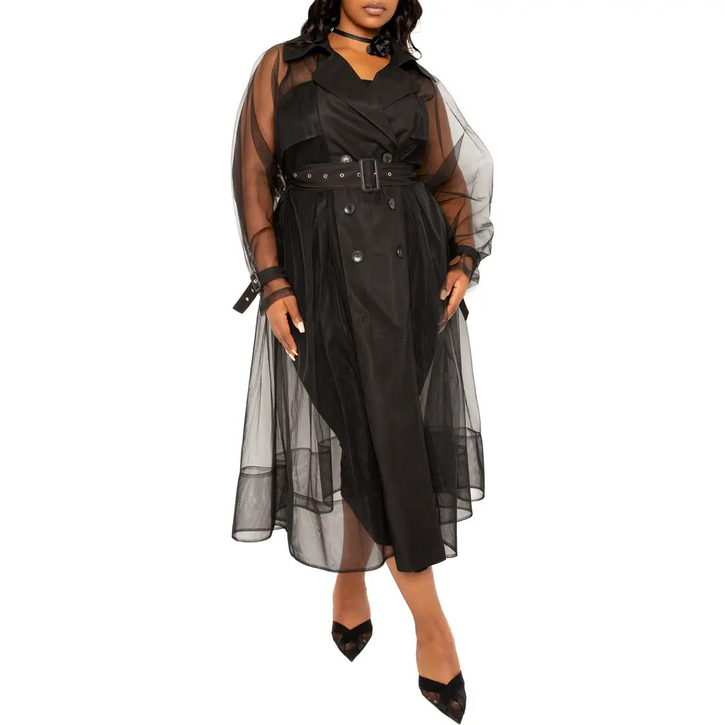 BUXOM COUTURE Belted Sheer Tulle Trench Coat in Black at Nordstrom, Size 2X | Nordstrom