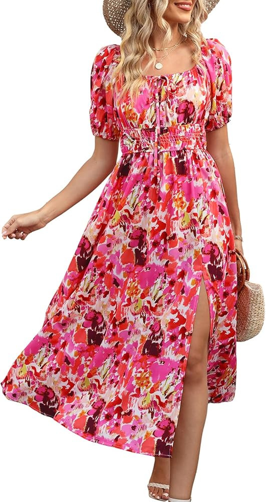 Meetrendi Women's 2024 Spring Summer Boho Floral Midi Dress Square Neck Puff Short Sleeve Casual ... | Amazon (US)