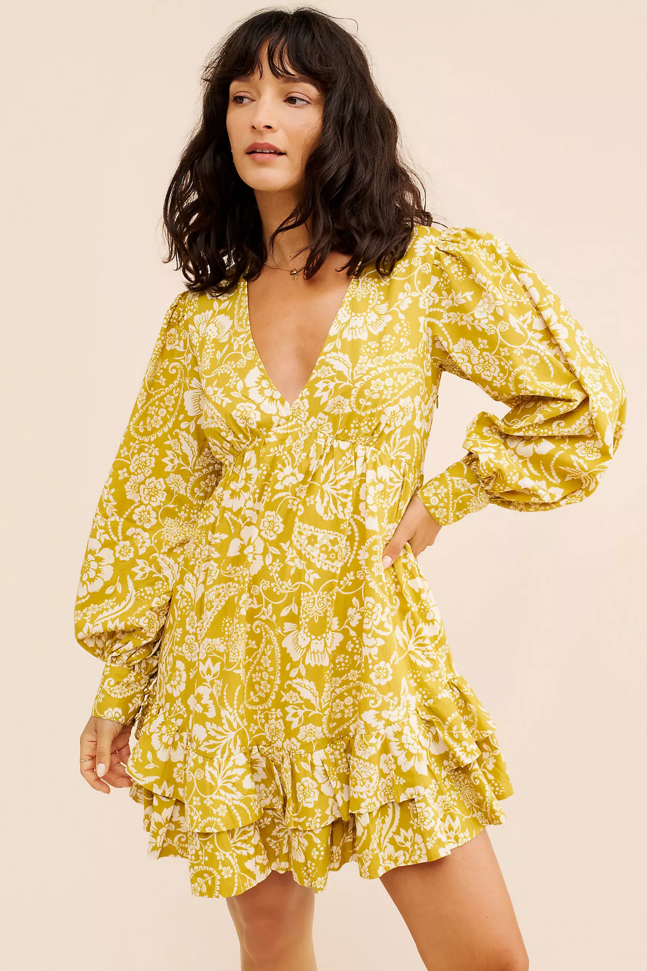 V-Neck Frill Puff Sleeve Mini Dress Secondhand | Anthropologie (US)