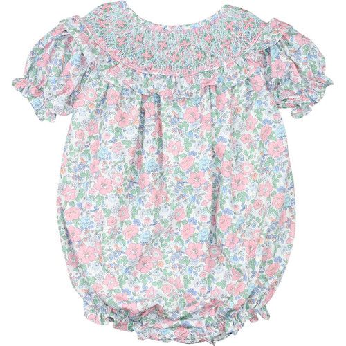 Pink And Blue Liberty Floral Smocked Ruffle Bubble | Cecil and Lou