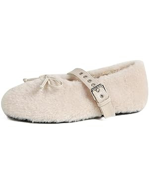 Fur Ballet Flats for Women Mary Jane Flats Buckle Strap Comfy Ballerina Flat Shoes Cute Casual Fa... | Amazon (US)