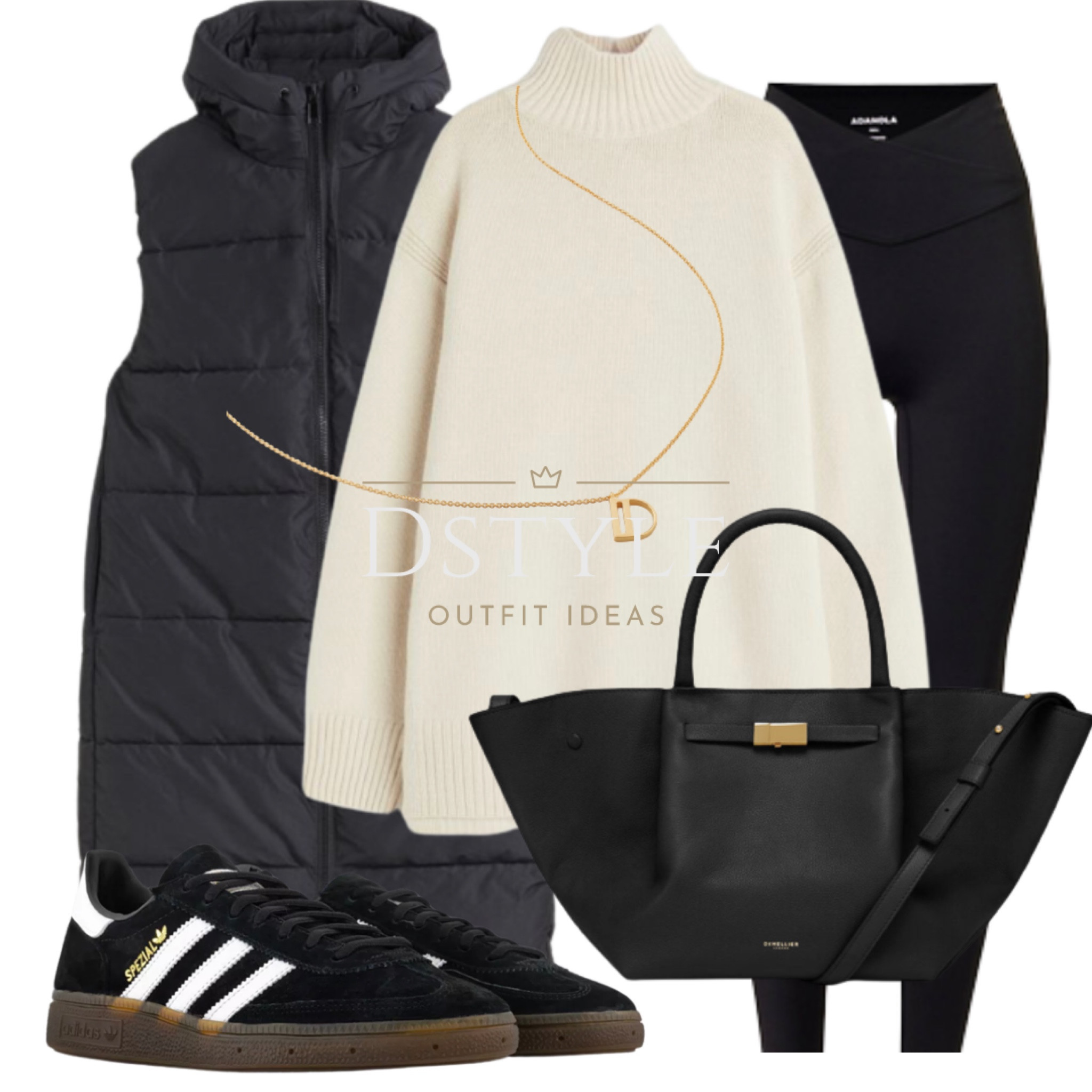 Autumn/Winter Essentials: Stay cozy and stylish in black leggings, an oversized light beige polo-neck sweater, a sleek black puffer gilet/vest, and classic Adidas Spezial kicks. Embrace the season with effortless fashion. 

#LTKstyletip #LTKSeasonal #LTKfindsunder50