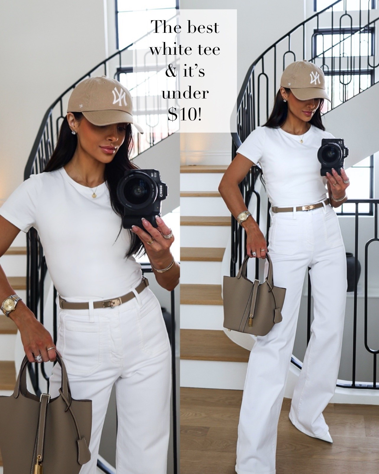 The best white tee and it is under $10. This Amazon white tee has the perfect fitted silhouette with just enough stretch to feel comfortable while still looking polished. It lays smoothly under denim and tucks beautifully into high rise styles. I paired it with my Frame wide leg jeans, an Amazon Hermes inspired belt and matching handbag for a clean, elevated spring look. Such an easy outfit formula for everyday, travel, or casual meetings.

Amazon White Tee – Wearing an XS
Frame Wide Leg Jeans – Wearing a size 24, runs TTS

MiaMiaMine Amazon white tee under 10 dollars spring outfit ideas Frame wide leg jeans neutral spring outfit chic everyday style Hermes inspired handbag Amazon belt women elevated basics capsule wardrobe staple affordable fashion find polished casual look modern feminine style

#LTKPetite #LTKmomlife #LTKOver40