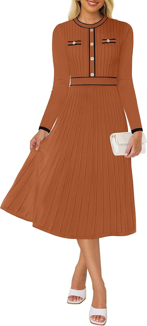 ZESICA Women's 2024 Fall Pleated Sweater Dress Long Sleeve Crewneck Ribbed Knitted Midi Dresses | Amazon (US)