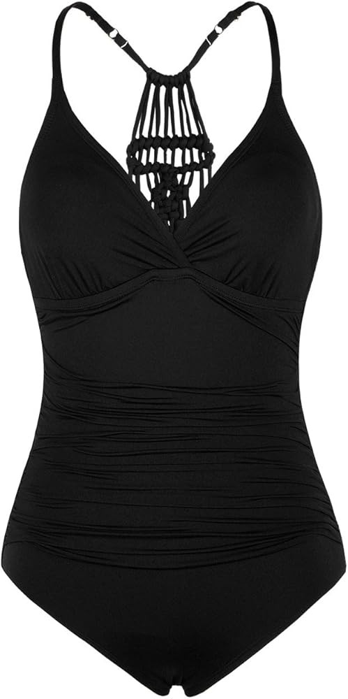 Hilor Women's Shirred Halter One Piece Swimsuits Macrame Back Swimwear Tummy Control Bathing Suit | Amazon (US)