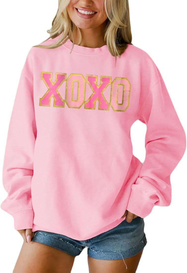 AFUKUIA Valentine's Day XOXO Sweatshirt for Women Hugs and Kisses Sweatshirts Crewneck Long Sleev... | Amazon (US)