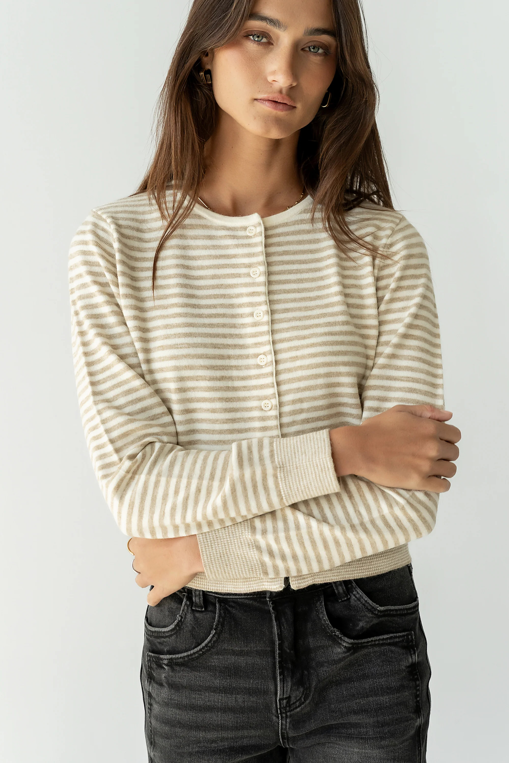 Edesse Striped Cardigan in Taupe | Böhme US