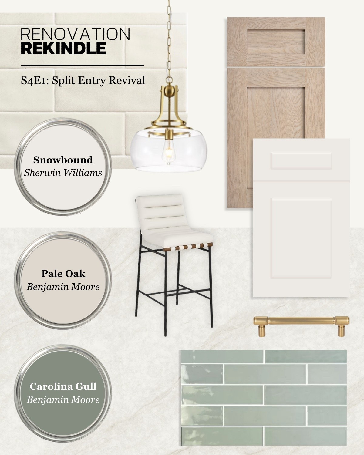 Split Entry Revival 🤍🌿

Our Split Entry Revival kitchen featuring Franklin Iron Works Charleston pendants, Meridian Furniture Burke leather stools, Sherwin-Williams Snowbound, Benjamin Moore Pale Oak and Carolina Gull, Warm oak cabinetry, brass hardware, and soft green tile. #SplitEntry #BenjaminMoorePaint #WarmWood