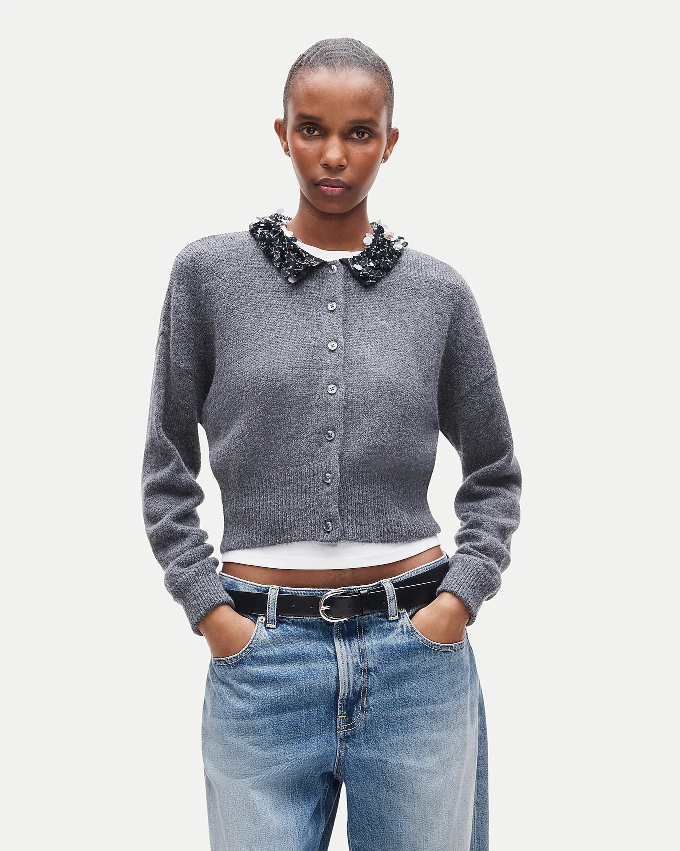 Alpaca-blend cardigan with paillette collar | J. Crew US