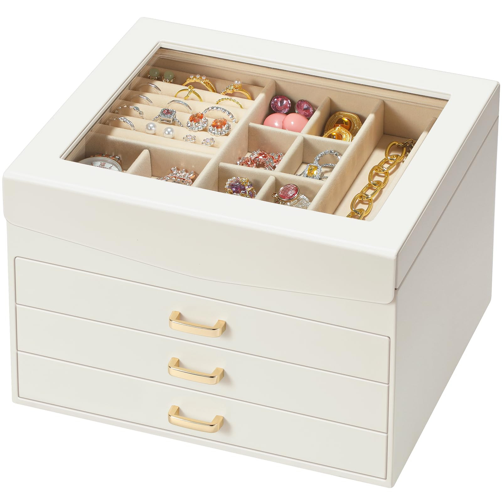 4 Layer Jewelry Box with Glass Lid, Large Jewelry Organizer with 3 Drawers for Women Girls, Adjus... | Amazon (US)