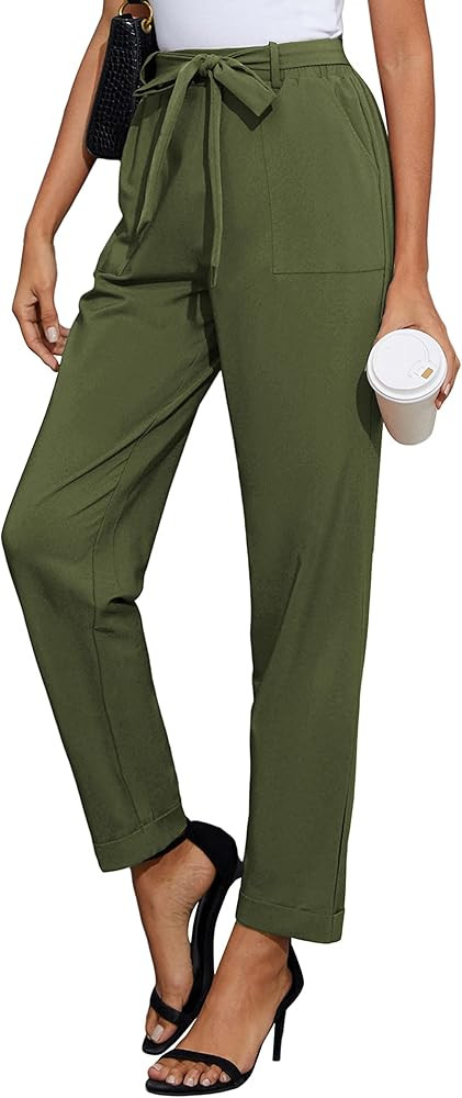 GRACE KARIN Women High Waist Pants with Belt Fold-up Leg Opening Pants with Big Pockets | Amazon (US)